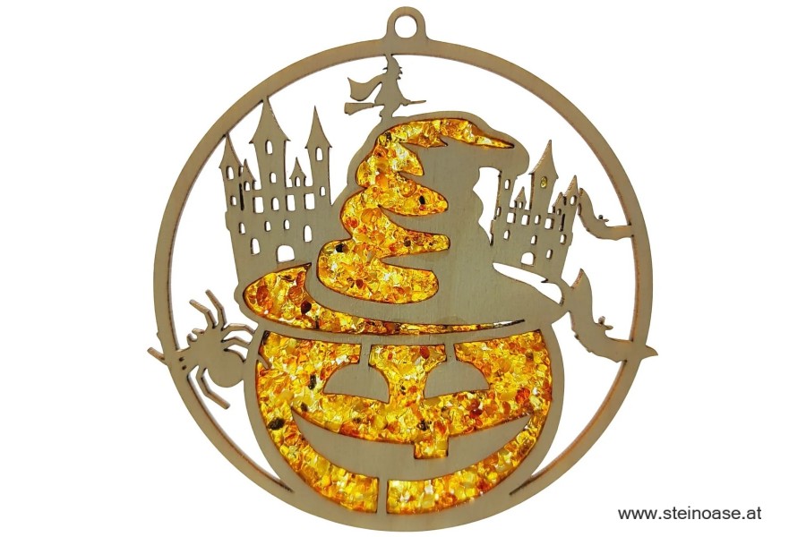 Fensterbild Suncatcher Bernstein - HALLOWEEN Kürbis mit Hut und Geisterschloß Ø 11cm
